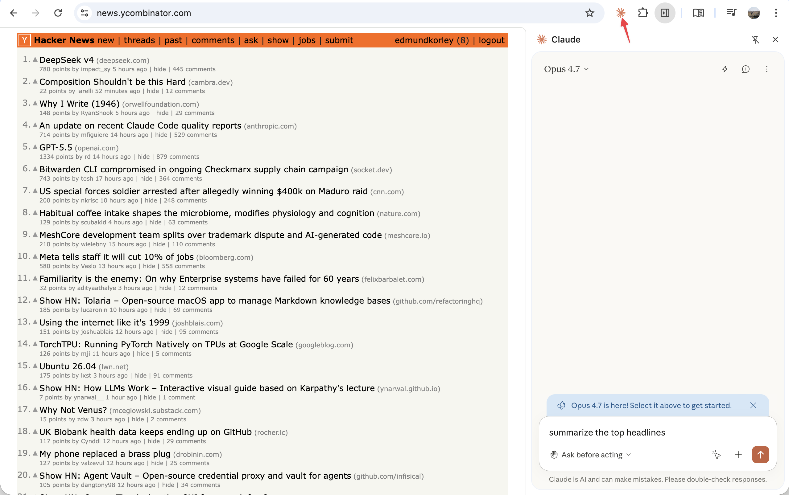 Claude sidebar open in Chrome, showing the extension connected and ready to answer questions about the current page
