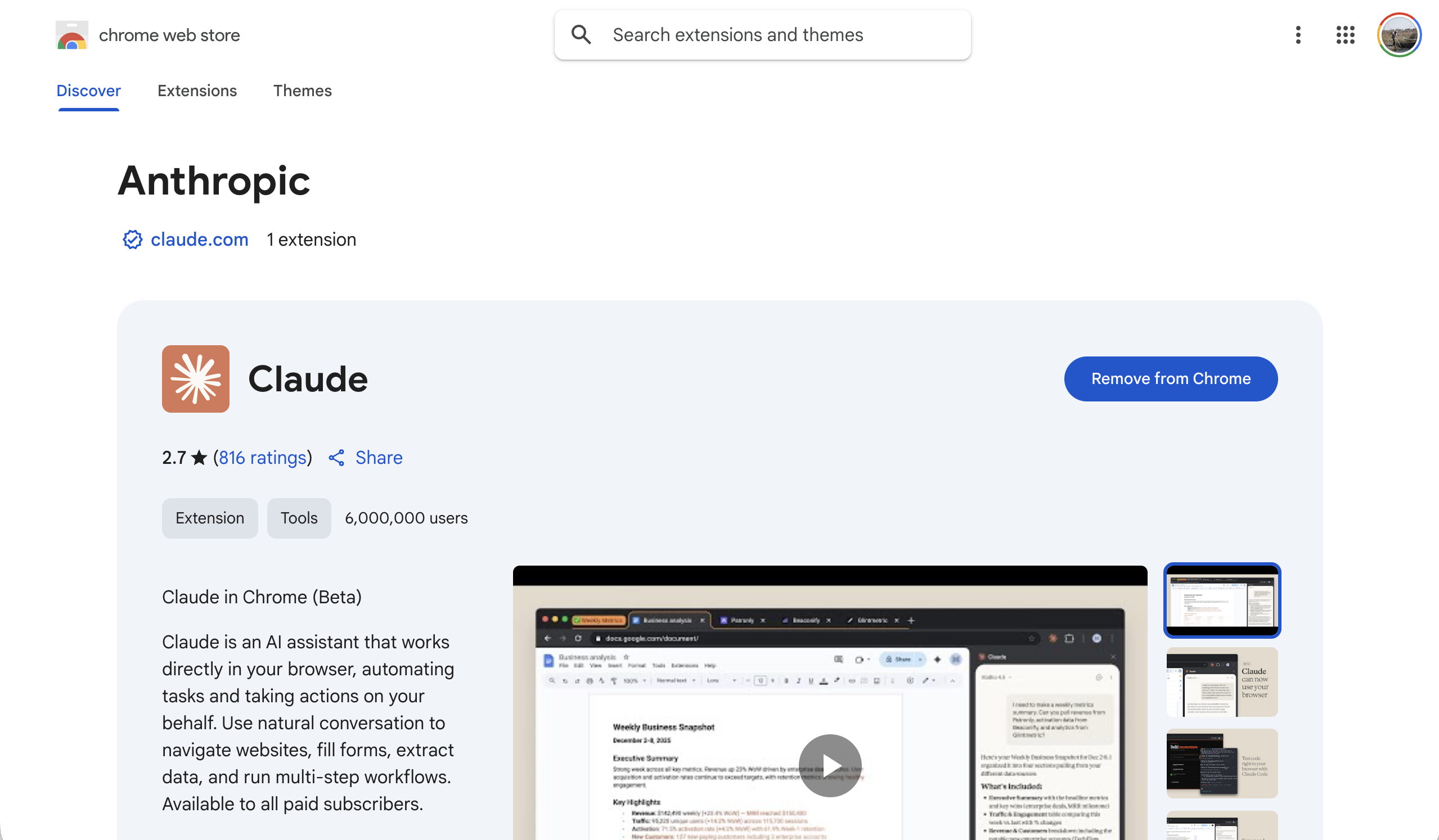 Claude extension on the Chrome Web Store, published by Anthropic