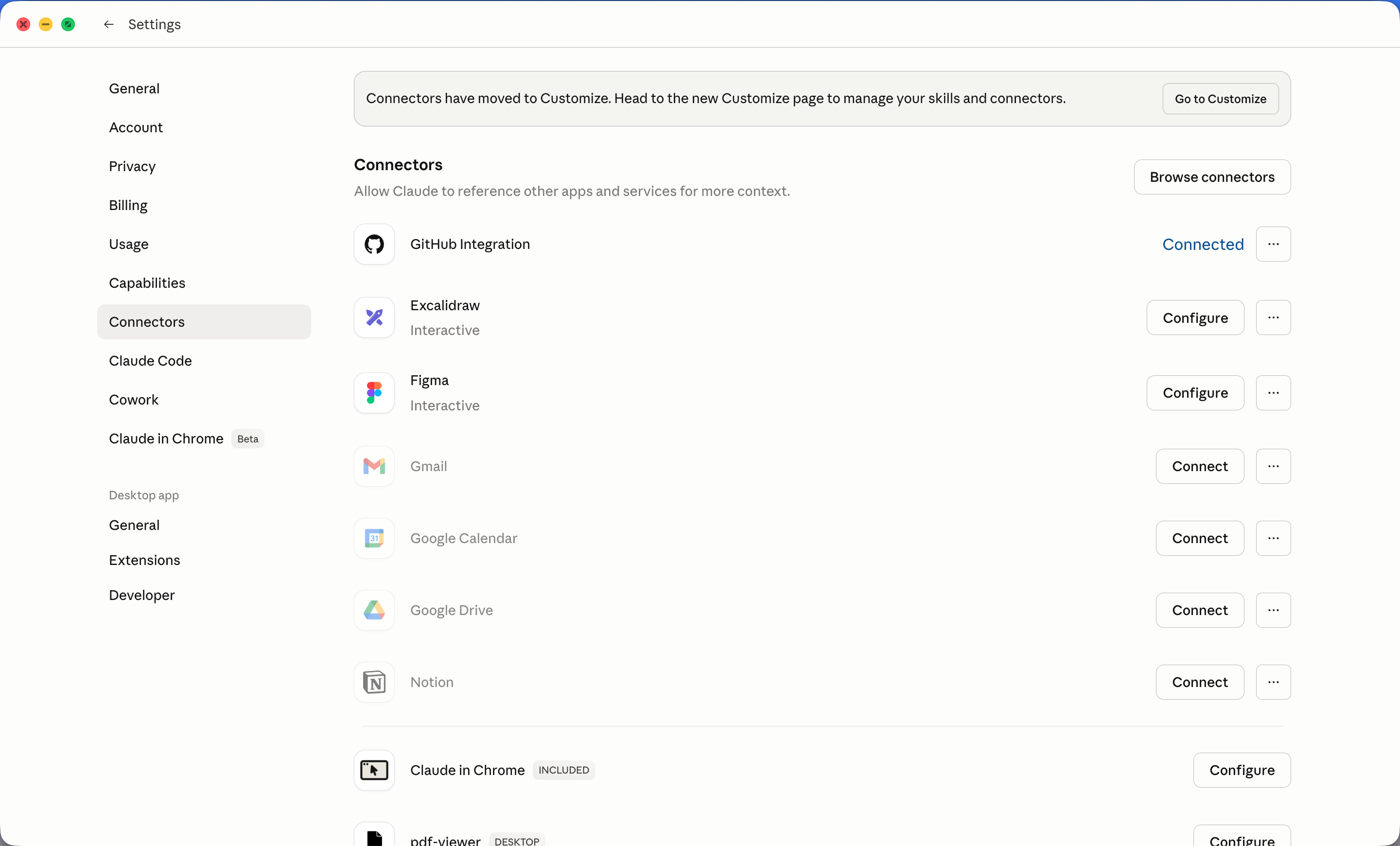 Claude Desktop settings showing the Connectors panel with Gmail, Google Calendar, Google Drive, Notion, GitHub, and others