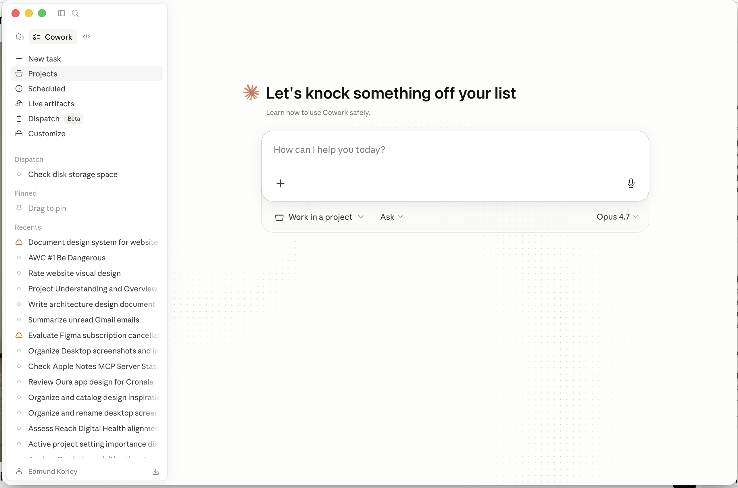 Claude Desktop with Claude Cowork showing the "Let's knock something off your list" home screen