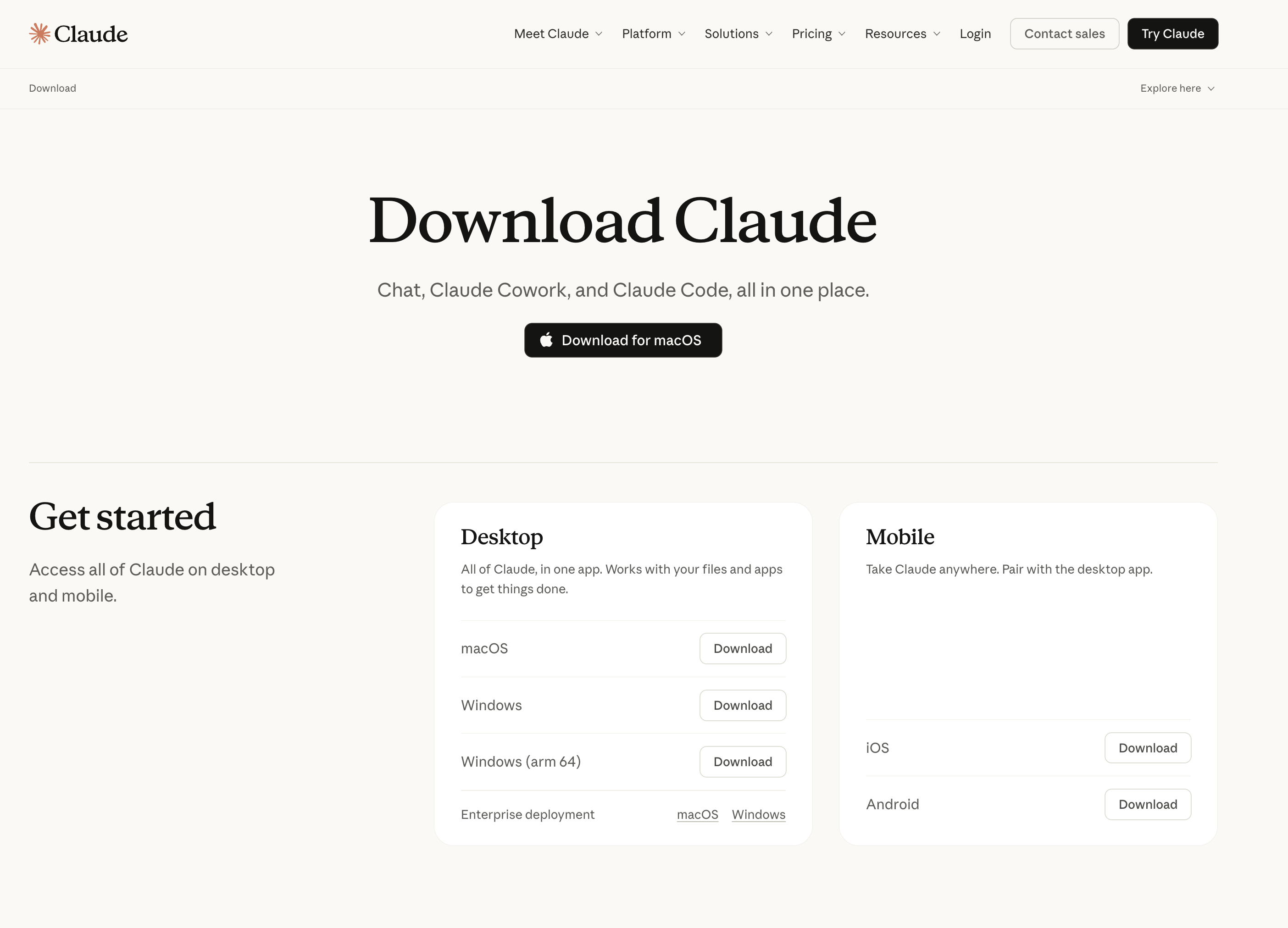 claude.com/download with macOS, Windows, and mobile download buttons visible