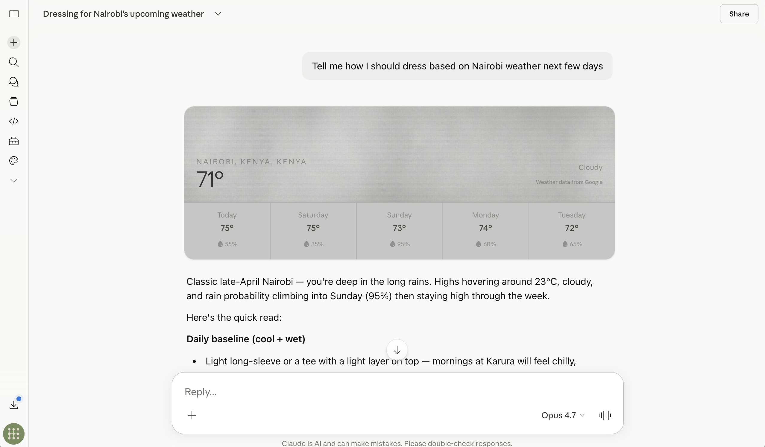 Claude answering a weather and dressing question for Nairobi